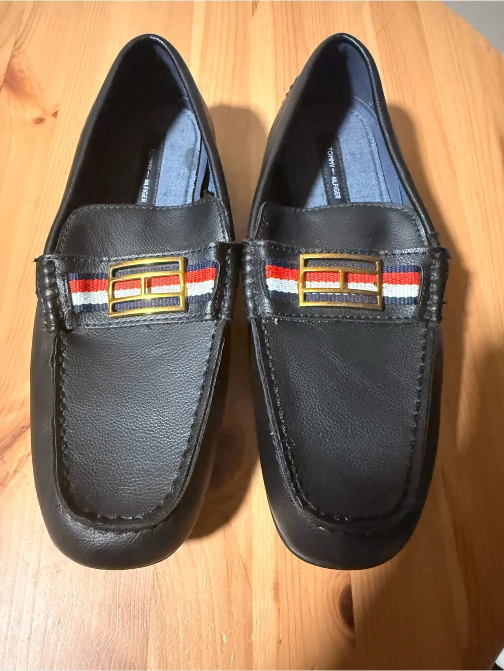 Tommy Hilfiger Black Faux Le Loafers with Red-White-Blue Ribbon and Gold Buckle